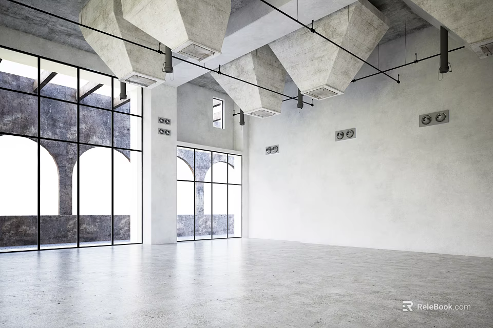 Modern Minimalist Indoor Space With Arched Glass Windows Concrete Ceiling And Smooth Floor 3d model 