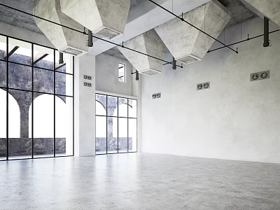 Modern Minimalist Indoor Space With Arched Glass Windows Concrete Ceiling And Smooth Floor 3d model