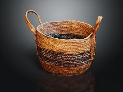 Handwoven Household Basket With Two Handles And Brown Black Stripes 3d model