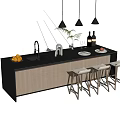 Modern Bar Counter With Black Countertop Wooden Cabinets Stools Fruits Wine Bottles And Pendant Lights