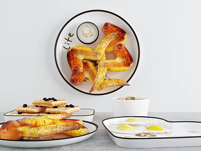 Delicious Breakfast Spread Featuring Roasted Chicken Wings Waffles With Blueberries And Fried Eggs 3d model