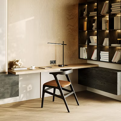 Modern Wooden Desk Interior Design With Metal Frame Lamp Bookshelf Stacked Books And Leather Chair 3d model