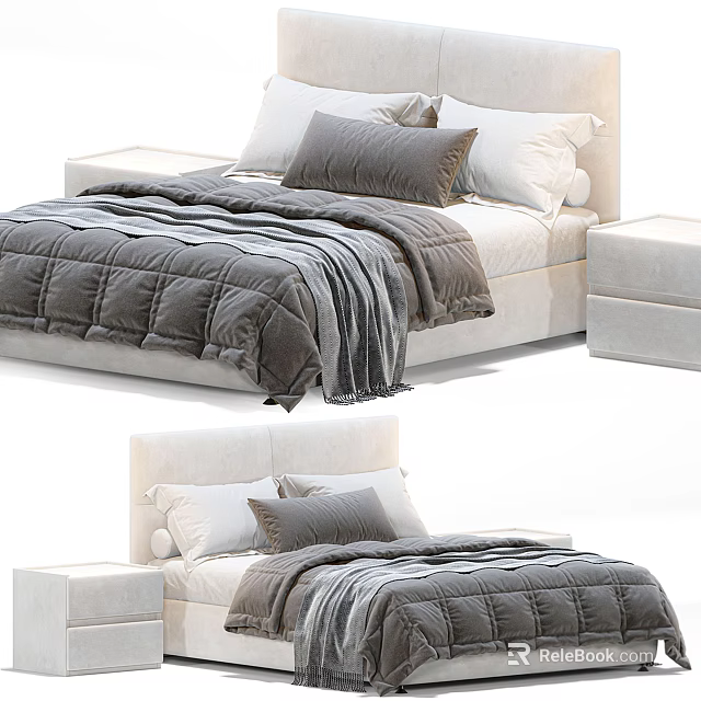Modern Double Bed Interior Design With Sleek Headboard White Gray Pillows Soft Quilt 3d model 