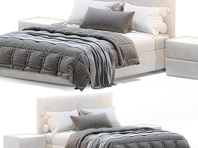Modern Double Bed Interior Design With Sleek Headboard White Gray Pillows Soft Quilt 3d model
