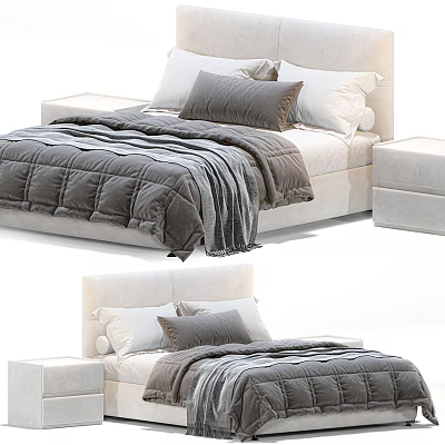 Modern Double Bed Interior Design With Sleek Headboard White Gray Pillows Soft Quilt 3d model