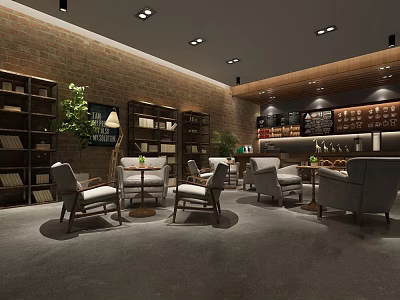 Cozy Café Interior With Brick Wall Bookshelves Green Plant And Comfortable Chairs 3d model