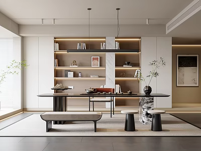 Modern Tea Room Interior Design With Wooden Tea Table Display Shelves And Potted Plants 3d model