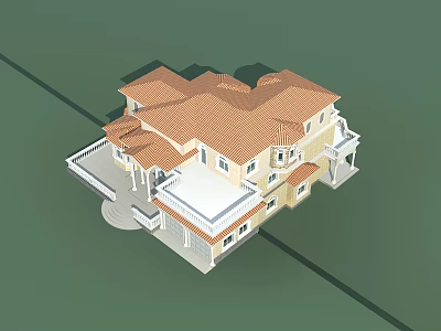 Two Story Detached Villa With Red Tile Roof Balcony Terrace And Garage 3d model