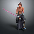 Bald Bearded Shirtless Character In Black Pants Sitting With Metal Arm Guards And Pink Sword