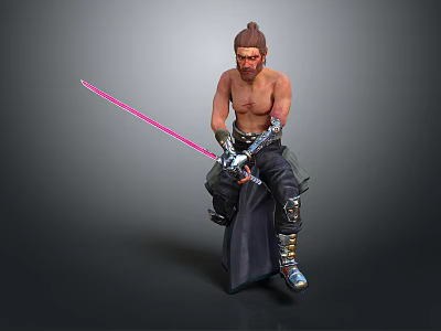 Bald Bearded Shirtless Character In Black Pants Sitting With Metal Arm Guards And Pink Sword 3d model