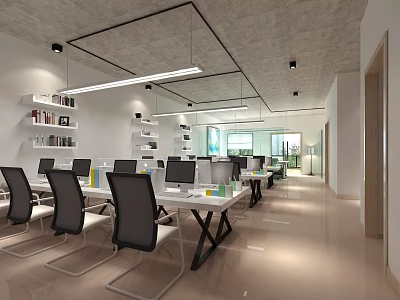 Spacious Open Public Office Space With White Desks Black Chairs Bookshelves And Pendant Lights 3d model