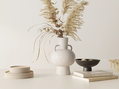 Decorative Ornament Set With White Vase Dried Pampas Grass Stacked Discs Black Bowl And Books 3d model