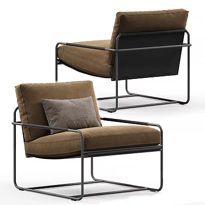 Modern Leisure Chair With Brown Upholstery Gray Cushion And Black Metal Frame 3d model