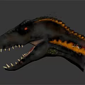Dinosaur Head Model with Orange Black Stripes Open Mouth Sharp Teeth Red Eyes Reflective Surface