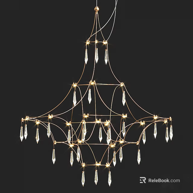 Luxury Modern Golden Frame Chandelier with Hanging Crystal Pendants and Bright Lights 3d model 