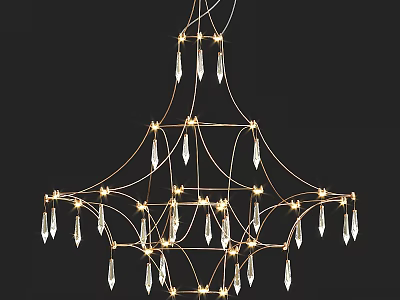 Luxury Modern Golden Frame Chandelier with Hanging Crystal Pendants and Bright Lights 3d model