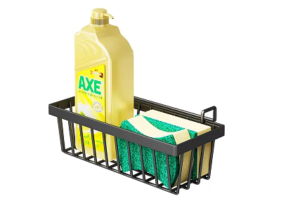Black Kitchen Organizer Basket With AXE Dish Soap And Green Sponges 3d model