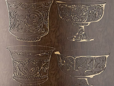 Antique Style Intricate Carved Vessels With Detailed Floral Patterns On Wooden Background 3d model