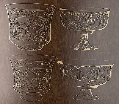 Antique Style Intricate Carved Vessels With Detailed Floral Patterns On Wooden Background 3d model