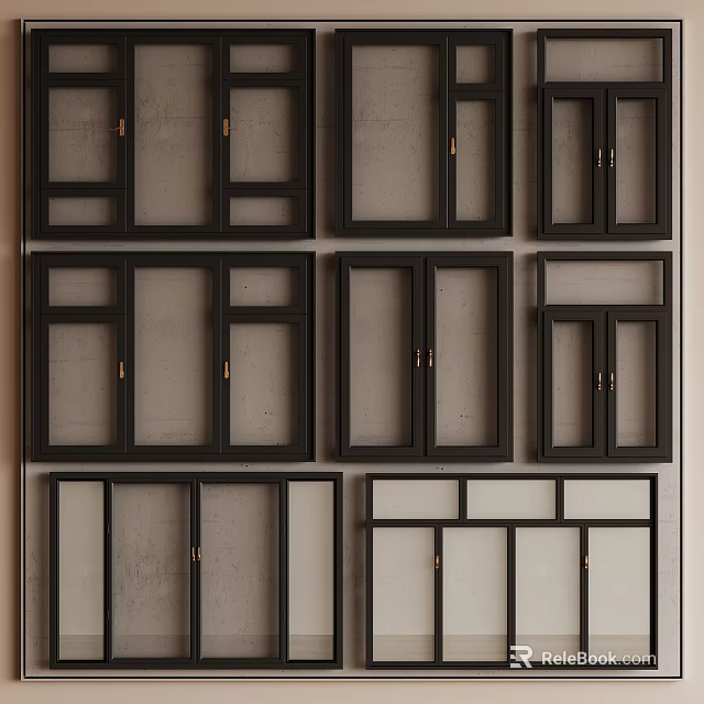 Various Styles Of Modern Casement Windows With Black Frames And Glass Panels 3d model 