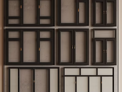 Various Styles Of Modern Casement Windows With Black Frames And Glass Panels 3d model