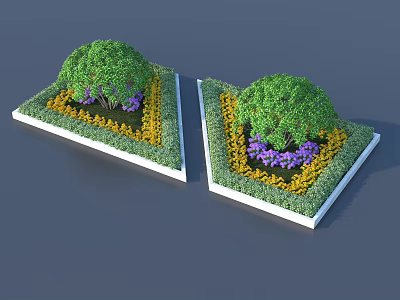 Beautiful Green Shrubs in Square Flower Beds with Yellow and Purple Flowers and White Borders 3d model