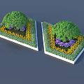 Beautiful Green Shrubs in Square Flower Beds with Yellow and Purple Flowers and White Borders