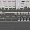 Industrial Factory Building Exterior with Truck in Parking Lot and Palm Trees Near Urban Skyline