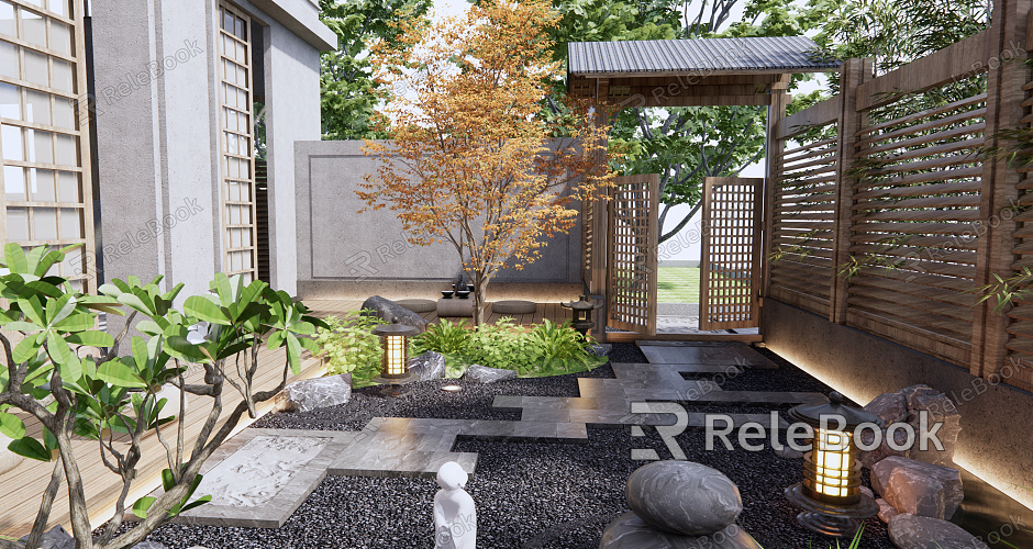 Japanese Courtyard Home Courtyard Landscape model