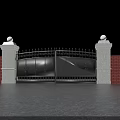 Ornate Iron Entrance Gate With Wrought Iron Design And Stone Pillars Topped With Spherical Elements 3d model