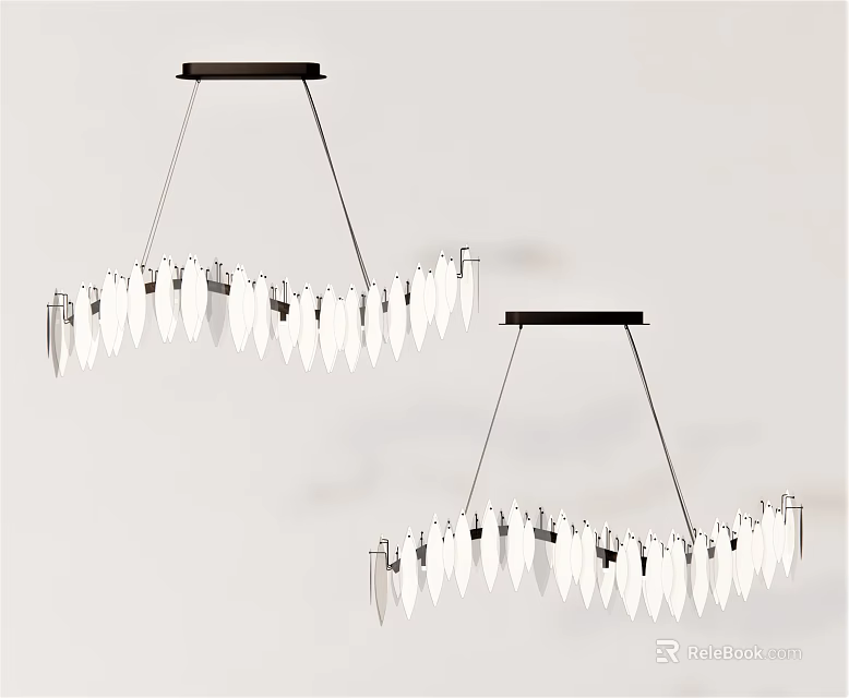 Modern Sleek Chandelier Design With White Leaf Shaped Pendants And Black Metal Frame 3d model 