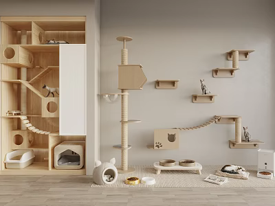 Wooden Cat Activity Room With Tree Scratching Post Bed Bowls And Wall Perches 3d model