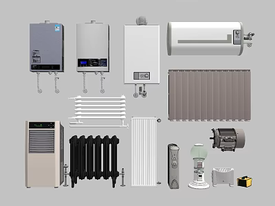 Various Heating Pipes and Radiators with Water Heaters Controllers and Accessories 3d model
