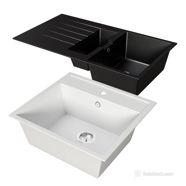 Modern Black And White Kitchen Sink With Single Bowl Design And Drain Hole 3d model 