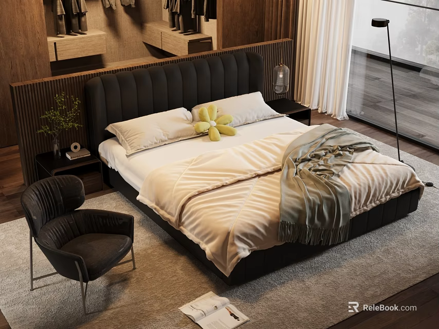Stylish Bedroom Interior With Black Headboard White Sheets Yellow Pillows Gray Blanket And Black Chair 3d model 