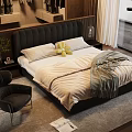Stylish Bedroom Interior With Black Headboard White Sheets Yellow Pillows Gray Blanket And Black Chair