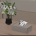 Stylish Living Room Wooden Table Featuring Transparent Vase White Flowers And Gray Tissue Box
