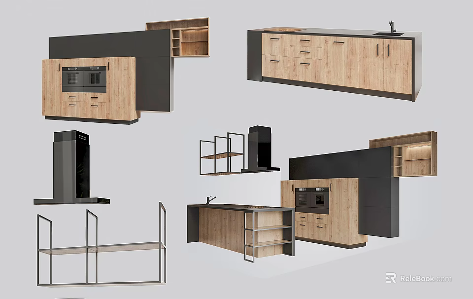 Modern Kitchen Interior With Wooden Cabinets Drawers And Island Setup 3d model