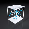 Modern Art Installation With White Framed Cube And Hanging Blue White Circles