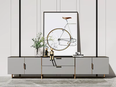 Modern Light Gray TV Stand with Green Plant Vase Small Sculpture and Bicycle Artwork 3d model