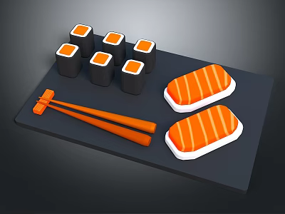 Fresh Salmon Sushi on Black Tray with Sushi Rolls and Orange Chopsticks 3d model