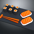 Fresh Salmon Sushi on Black Tray with Sushi Rolls and Orange Chopsticks