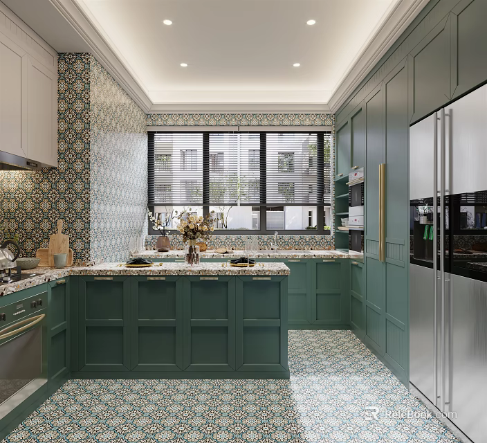 Stylish Green Kitchen Interior With Patterned Tile Backsplash Island Counter And Stainless Steel Refrigerator 3d model 