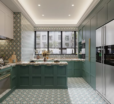 Stylish Green Kitchen Interior With Patterned Tile Backsplash Island Counter And Stainless Steel Refrigerator 3d model