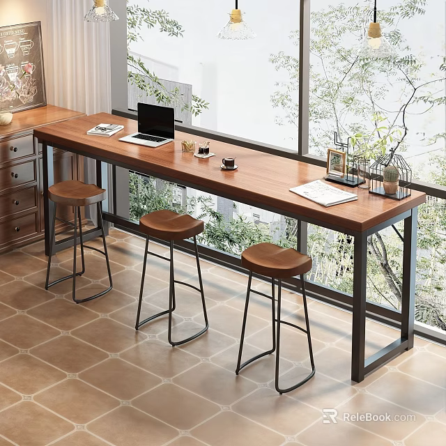 Modern Bar Counter With Wooden Top And Three Stools Near Window Featuring Laptop And Cups 3d model 