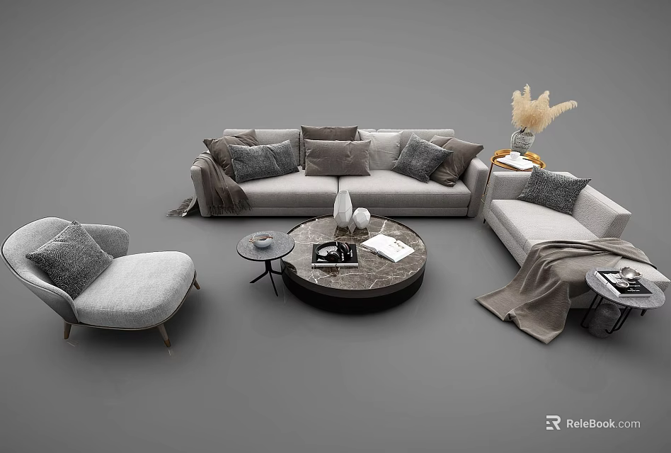 Modern Gray Sofa and Coffee Table Set with Armchair Pillows Throw Blanket and Side Table 3d model 
