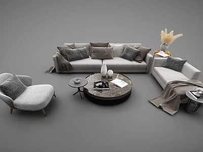 Modern Gray Sofa and Coffee Table Set with Armchair Pillows Throw Blanket and Side Table 3d model