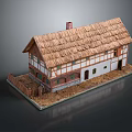 Scenic Rural Landscape with Traditional Thatched House Chimney White Walls Wooden Frame and Fenced Yard
