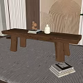 Long Wooden Bench On Striped Rug With Books Decorative Items Plants And Wall Art