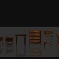 Multiple Dark Wood Bedside Tables With Drawers Lamps And Stacked Books